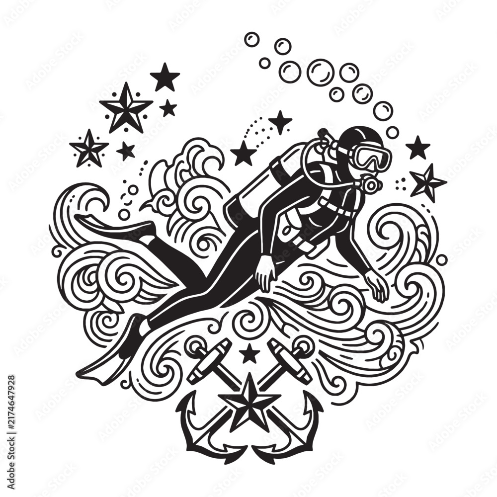 Fototapeta premium Black and White Scuba Diver Illustration in Nautical Tattoo Style Featuring Waves Anchors and Stars