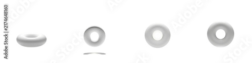 Set of 3D white torus shapes shown from various angles on black background