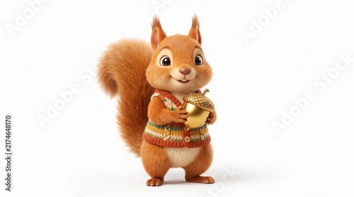 Cartoon Squirrel Holding Golden Acorn in Cozy Sweater