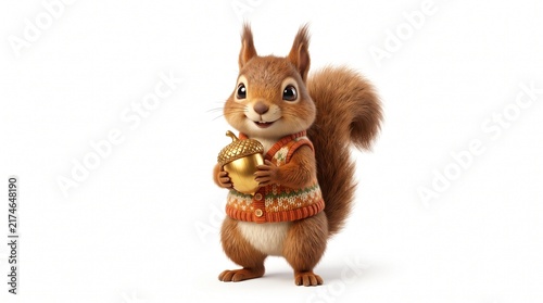 Cartoon Squirrel Holding Golden Acorn in Cozy Sweater