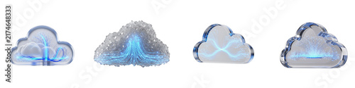 Set of abstract 3D glass cloud icons representing digital data storage