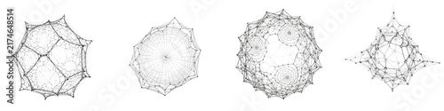 Set of abstract 3D spider web sphere structures on black background