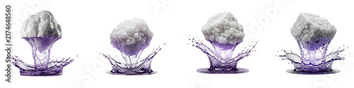 Set of abstract 3D white rocks splashing into purple liquid on black