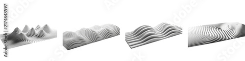 Set of abstract 3D white topographic wave patterns on black background