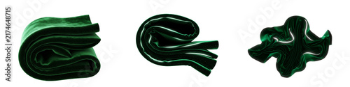 Set of abstract green silk fabric waves isolated on black background