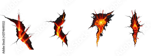 Molten lava flowing from volcanic rock cracks on black background
