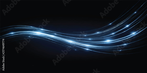 Futuristic Fiber Optic Wave Background with Glowing Blue Light Lines and Sparkling Data Particles