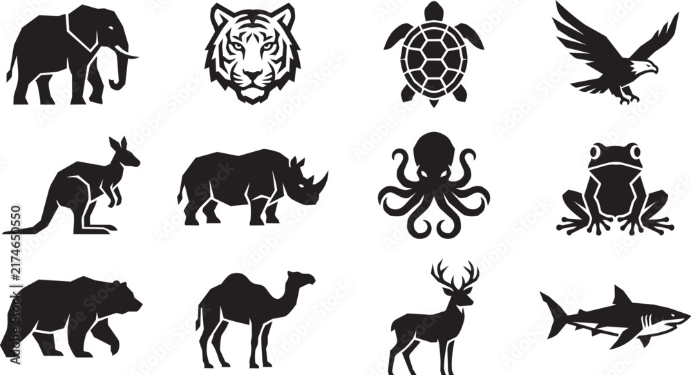 Fototapeta premium Wild Animal Silhouette Icons Set – Elephant, Tiger, Turtle, Eagle, Kangaroo and Wildlife Vector Collection