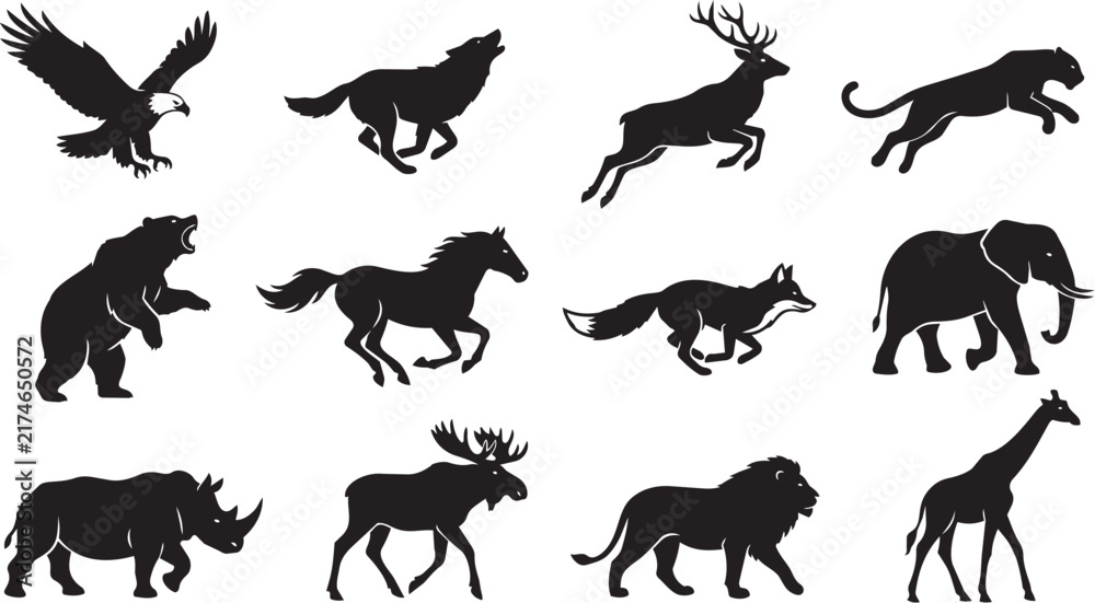 Obraz premium Wild Animal Silhouette Icon Set, Collection of Wildlife Mammals and Birds wildlife, animal, silhouette, vector, icon, collection, wild, mammal, bird, eagle, wolf, deer, horse, foxin Black Vector Style