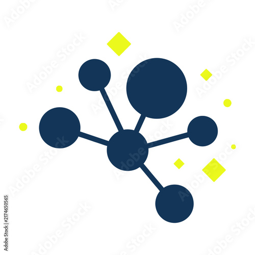 Abstract blue molecular structure with yellow geometric accents