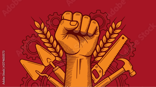 Labour Day vector illustration featuring a raised clenched fist