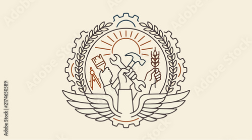 Minimalist Labour Day vector label featuring a powerful raised fist, crossed mechanical tools, gears, and gold laurel leaves framed in an ornate vintage crest for worker solidarity.