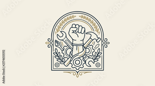Minimalist Labour Day vector label featuring a powerful raised fist, crossed mechanical tools, gears, and gold laurel leaves framed in an ornate vintage crest for worker solidarity.