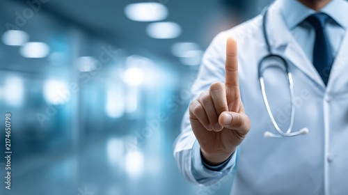 Doctor Pointing Finger With Digital Interface In Hospital – Modern Healthcare Technology Concept For Medical Innovation
