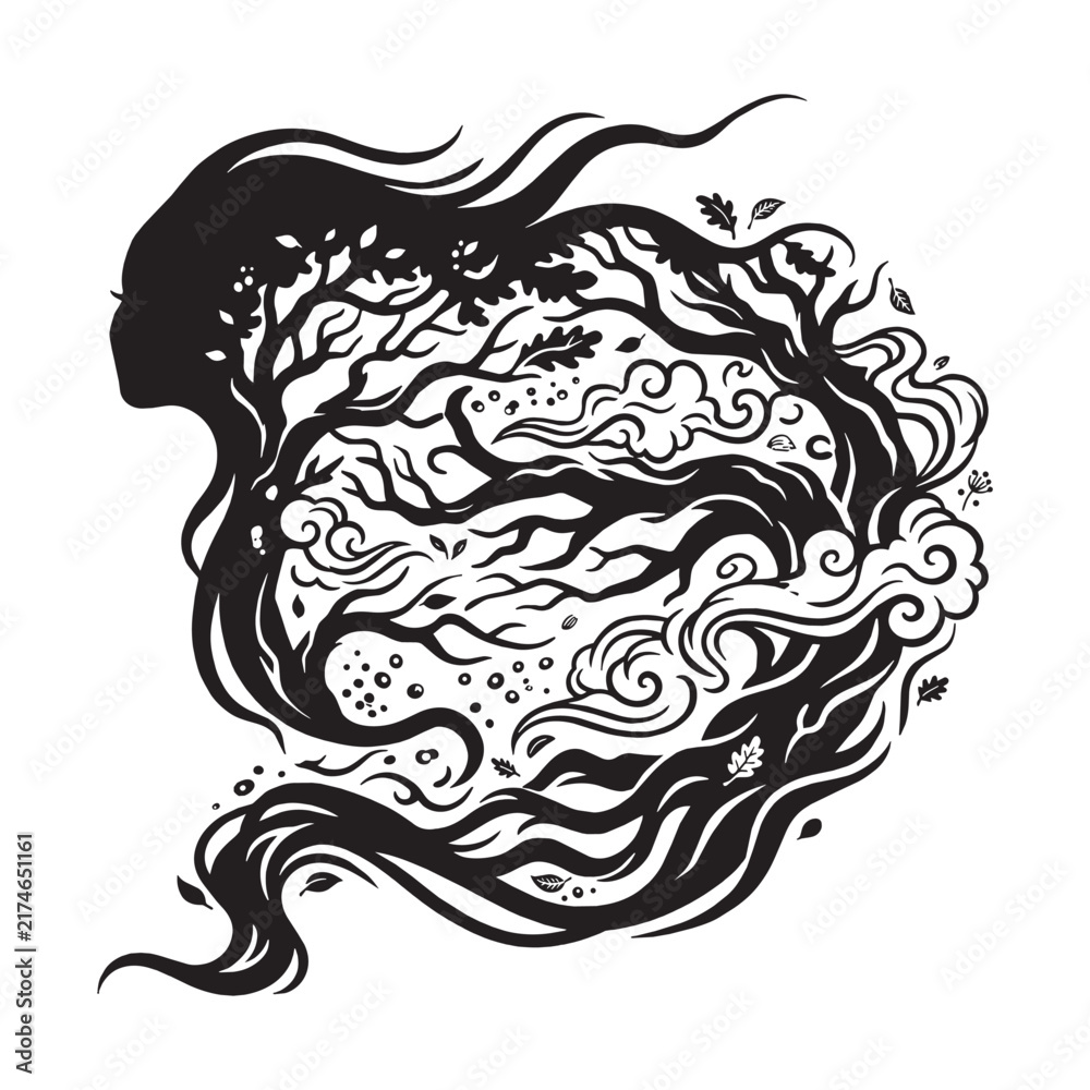 Fototapeta premium Black and White Silhouette of a Woman Profile with Hair Merging into Tree Branches and Clouds, a Creative Fusion Composite Overlay Illustration