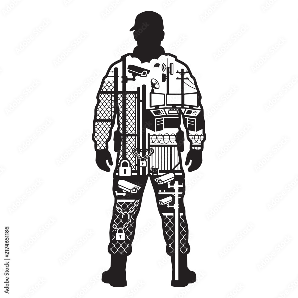 Fototapeta premium Double exposure silhouette of a security guard featuring a composite overlay fusion of surveillance cameras, fences, and monitoring systems.