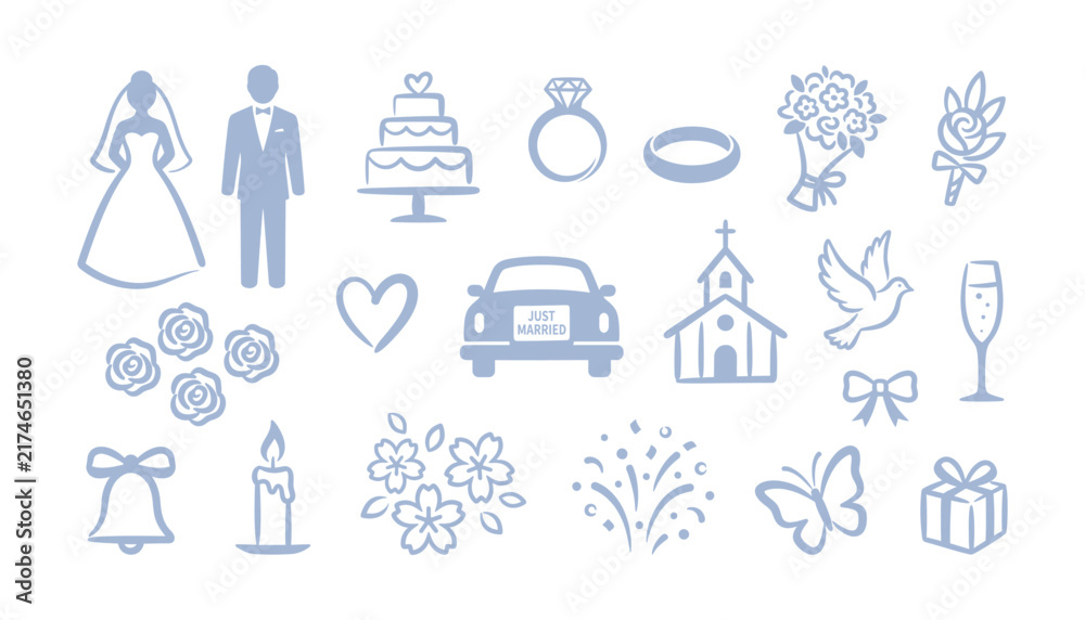 Naklejka premium A collection of wedding themed icons including bride groom cake rings and church on white background