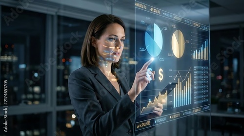 Businesswoman interacting with digital data dashboard at night.