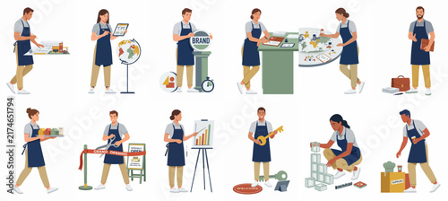 Diverse collection of small business owners and entrepreneurs in aprons engaged in branding, logistics, grand opening, and various commercial activities, flat vector illustration.