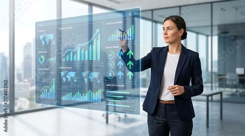 Businesswoman interacting with futuristic digital financial data dashboard.