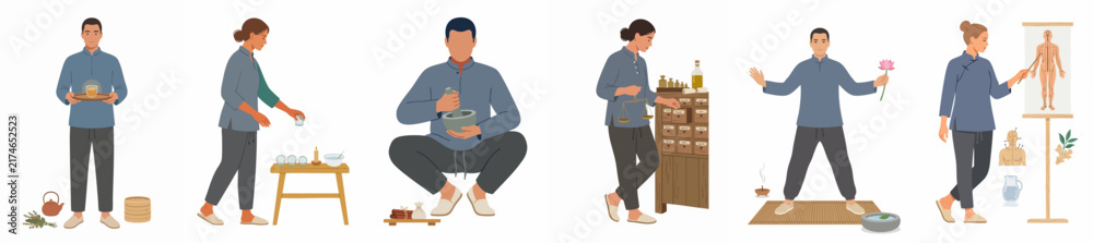 Fototapeta premium Collection of flat vector illustrations featuring people practicing traditional Chinese medicine, herbal remedies, acupuncture studies, and mindfulness exercises on white background.