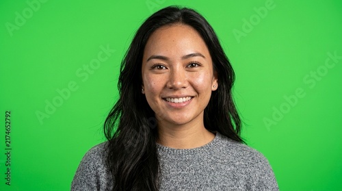 Portrait of a happy young South East Asian woman smiling on green screen chroma key background