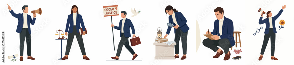 Obraz premium Set of professional people in suits engaged in political activities, voting, and law enforcement, in a flat vector illustration style on a white background.