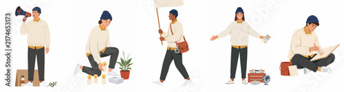 Set of flat vector illustrations of a young male activist participating in various social, environmental, and community activities, isolated on a white background.