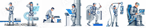 Collection of futuristic astronauts and sci-fi technicians in white uniforms performing various technical tasks, flat vector illustration style.