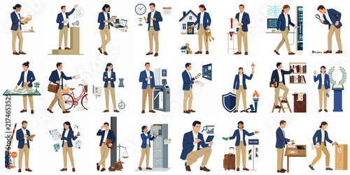 Comprehensive Collection of Business Professional Characters in Corporate Attire Engaged in Diverse Workplace Tasks and Financial Activities Flat Vector Illustration Set
