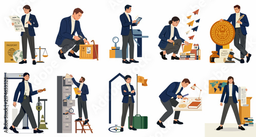 Set of diverse business and professional characters engaged in various office, legal, and financial activities, isolated on a white background.