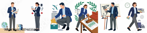 Set of professional illustrations depicting customs officers, trade logistics, and administrative tasks in international commerce and global travel contexts.