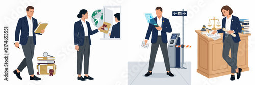 Set of flat vector illustrations representing legal professionals, judges, and immigration officers engaged in court proceedings, document handling, and border control security.