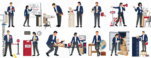 Set of diverse professional business people in suits performing various work tasks and providing services in different workplace environments, isolated on white.
