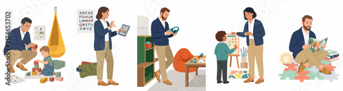 Set of flat illustrations featuring teachers, parents, and children engaged in diverse educational activities like reading, playing, and learning in a classroom environment.