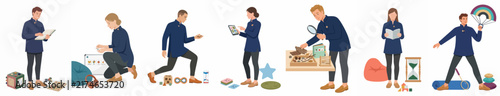 Vector illustration set featuring diverse individuals exploring educational toys, scientific instruments, and learning materials in a minimalist flat design style.