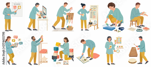 Flat illustration collection of diverse people engaged in various hobbies and work activities such as gardening, crafting, teaching, and digital design.