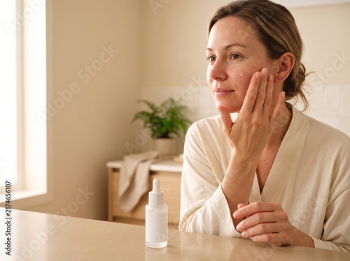 Natural skincare routine with facial serum, woman applying face oil in bright bathroom, morning beauty self-care and anti-aging treatment