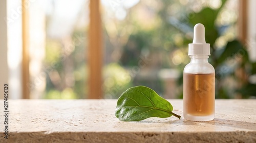 Natural facial oil serum in glass dropper bottle. Organic skincare product on stone surface. Herbal beauty treatment with green leaf.