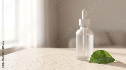 Minimalist glass dropper bottle with serum, natural skincare product on stone surface, organic facial oil with green leaf
