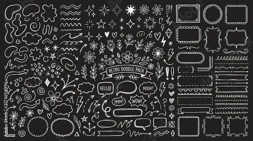 Hand-drawn Doodles and Design Elements Pack: A comprehensive collection of chalk-style doodles, borders, frames, and speech bubbles on a black background.