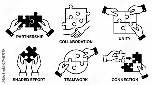 Teamwork, Partnership, and Collaboration Icons Set: Hands Connecting Puzzle Pieces for Unity, Shared Effort, and Business Solutions