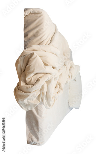 Quadro su tela White mattress with white untidy or messy bedclothes isolated with clipping path