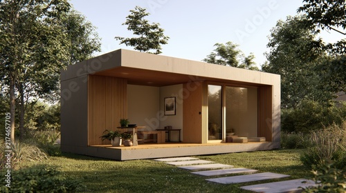 ADU + Home Battery Modern small cabin with large glass windows surrounded by trees and a stone path leading to the entrance.