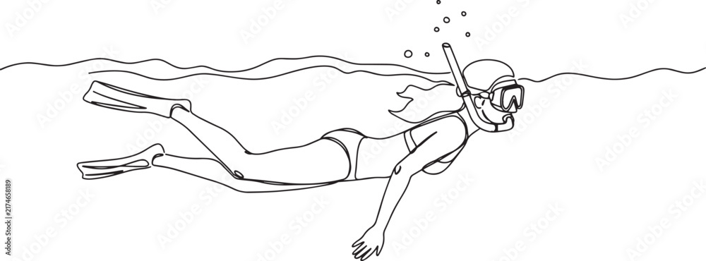 Obraz premium Woman snorkeling underwater with fins and a mask, enjoying the ocean.