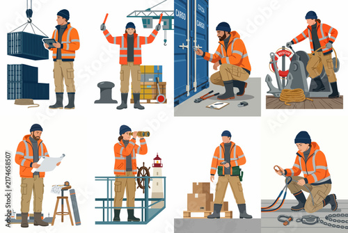 Set of illustrations depicting professional dockworkers and sailors performing various maritime and logistics tasks in high-visibility safety gear.