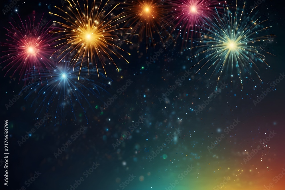 Fototapeta premium Abstract Firework Background with Glowing Celebration Bursts and Spacious Copy Space for Text