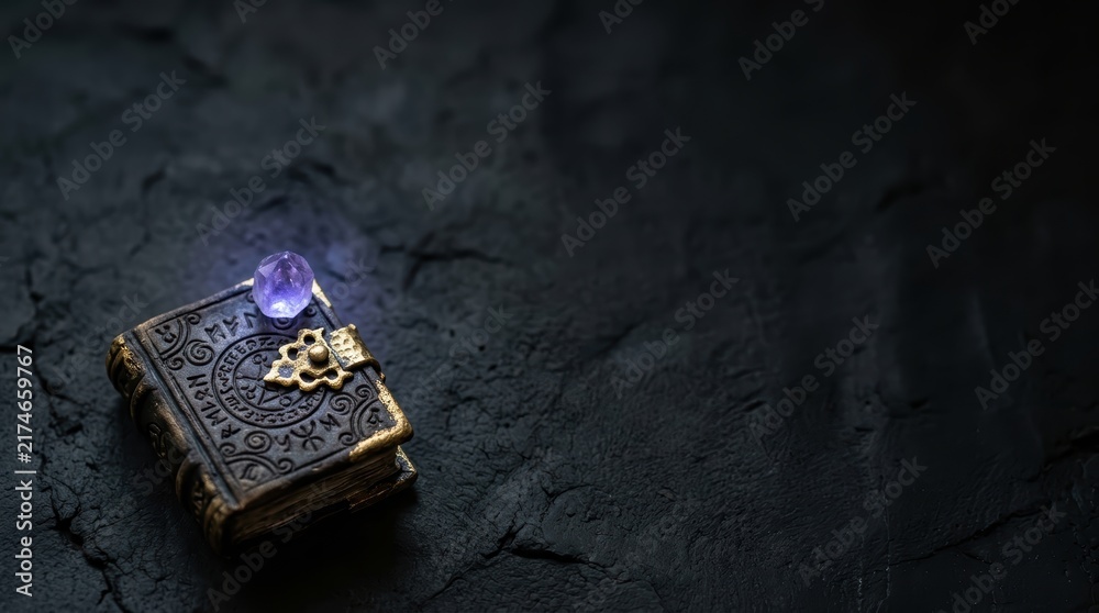 Fototapeta premium Ancient spellbook with glowing crystal on dark stone.