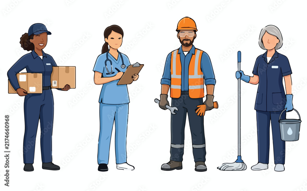 Obraz premium Labor Day Vector set of blue collar workers and service workers, courier, nurse, construction worker, cleaner, helpful professionals in uniform isolated on White Background vector eps