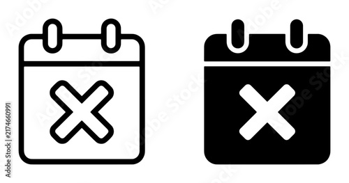 Calendar Icons with Cross Mark, Vector Set: Date Cancellation, Event Reminder, Deadline Concept, Simple Graphic Symbols